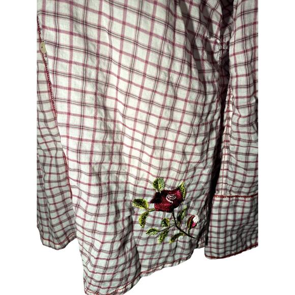 3J Workshop by Johnny Was Red Plaid Button Down Shirt/Embroidered Floral Roses - Picture 2 of 9